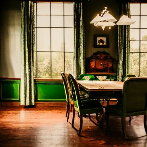 Prompt: beautiful 35mm footage landscape photography of a Victorian Dining room, wood, green black brown colors, stylistic furniture, window open to forest at night, wide-angle lens, detailed