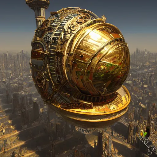 Image similar to enormous flying city in a faberge egg, sky, steampunk, fantasy art, masterpiece, unreal engine