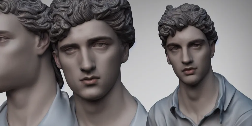 Image similar to a perfect porcelain Baroque style bust of handsome young Spanish man with pipe cleaners coming out of the neck, photorealism, octane render, depth of field, 8k, 35mm, artgem, Trending on artstation