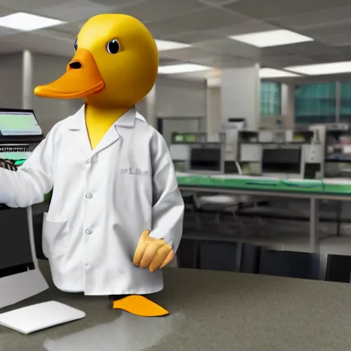 Prompt: a duck wearing a labcoat, computers in the background