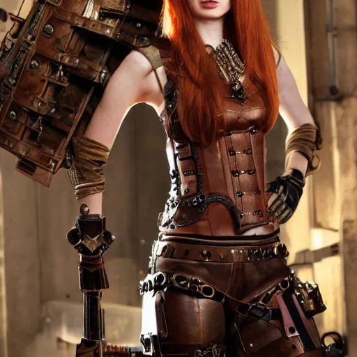 Prompt: full body photo of karen gillan as a steampunk amazon warrior