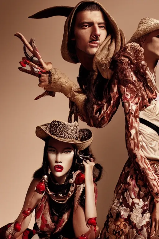 Image similar to dolce & gabbana campaign featuring jar jar binks as a female cowgirl, long eyeslashes, huge juicy lips, big seductive eyes, shot by mario testino, realistic vfx simulation