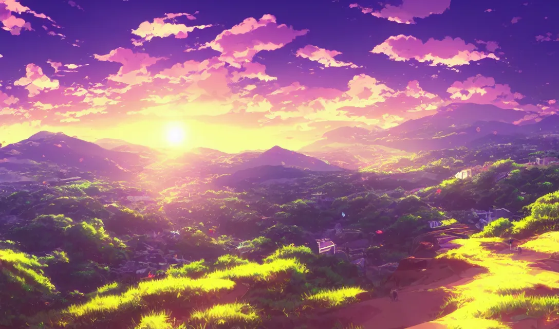 Image similar to very high quality illustration of green hills with clouds in the background, golden hour sunset, purple beautiful sky, anime key visual, official media, illustrated by wlop, extremely detailed, 8 k, trending on pixiv, cinematic lighting, beautiful