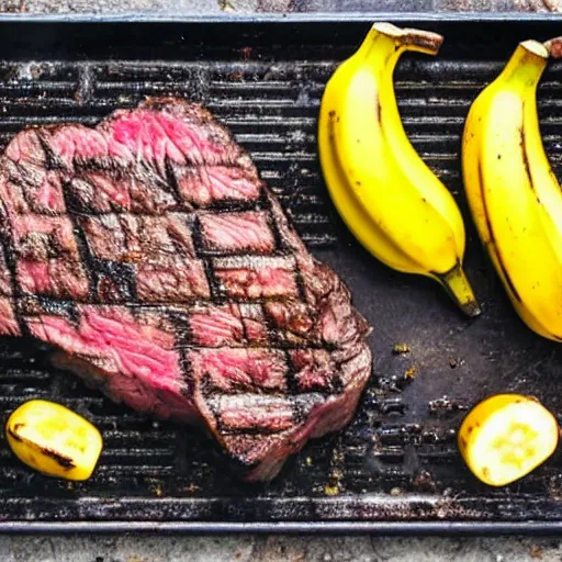 Prompt: a steak cooking on a charcoal grill, the ( steak ) looks like banana!