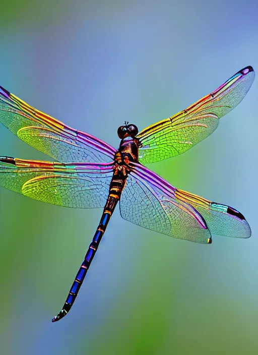 Prompt: close-up dragonfly rainbow wing, natural light, photography, 500 mm,high detail