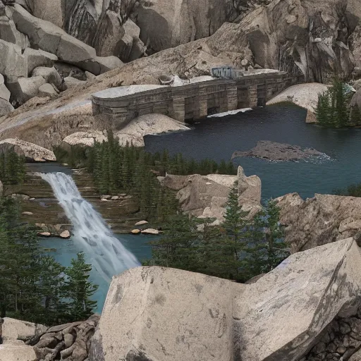 Image similar to A broken lake dam high in the mountains made from stone. The dam is broken in the middle causing the river below to overflow.Fantasy, concept art, sharp focus, artstation