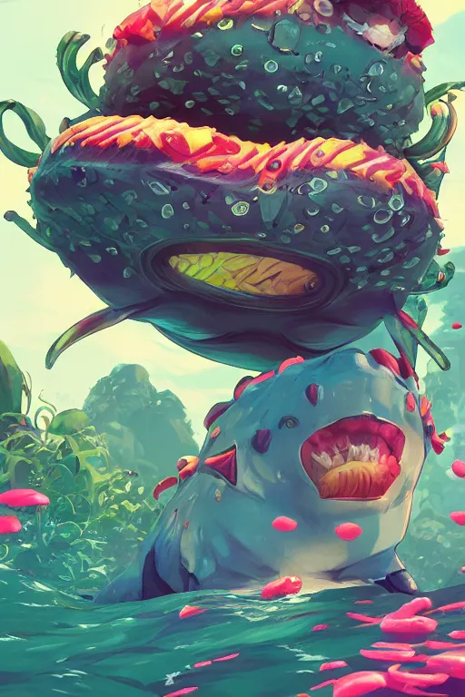 Image similar to 3 d render creature animal sushi cristal very big eye roots cactus elemental flush of force nature micro world fluo fishscale, comics gta 5 cover, official fanart behance hd artstation by jesper ejsing, by rhads, makoto shinkai and lois van baarle, ilya kuvshinov, ossdraws