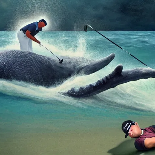 Prompt: highly detailed winning photo of a midget golfer riding a beached whale. the crowd is cheering him as tiger woods looks on in defeat. highly detailed render, photorealistic, photography