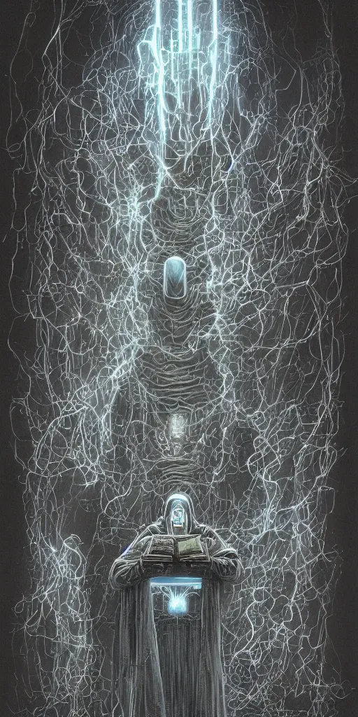 Prompt: painting of a cloaked tech priest holding a book, cybernetic enhancements attached to his body, covered in wiring, praise the omnissaiah, Zdzislaw Beksinski, Lewis Jones, mattias adolfsson, Warhammer 40K!!, cold hue's, cold tone gradient background, concept art, digital painting