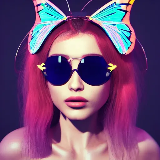 Prompt: a 3 d model of an exotic beautiful woman with a neon butterfly head, dark sunglasses, perfect eyes, perfect symmetrical lips, unreal engine, cinema 4 d, intricate details, 8 k, ultra realistic, super detailed, octane, ray tracing, artstation, beeple, 3 d model, style of final fantasy - n 4