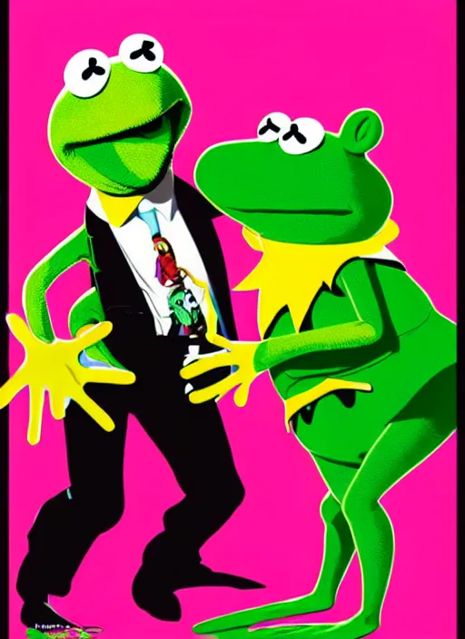 Image similar to poster artwork by Michael Whelan and Tomer Hanuka of The Muppet Show, Kermit the Frog and Miss Piggy doing the twist dance scene from the movie Pulp Fiction, pop art poster, vector art, posterized style, poster artwork by Michael Whelan and Tomer Hanuka