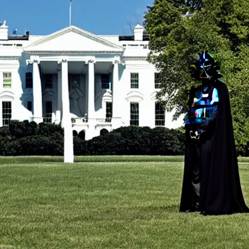 Image similar to darth vadar standing in front of the white house in the USA
