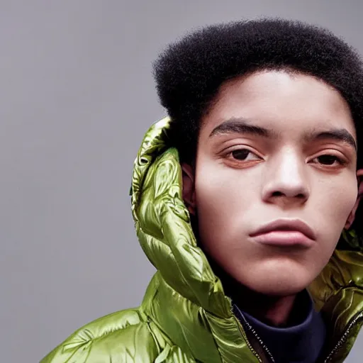 Image similar to realistic photoshooting for a new balenciaga lookbook color film photography close up portrait of a beautiful woman model, model wears a puffer jacket, photo in style of tyler mitchell, ssense