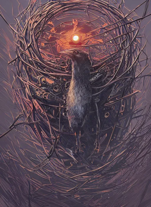 Image similar to crows nest like a head wreath, cruelty, black crows, light effect, hyper detailed, intricate, elegant, highly detailed, digital painting, artstation, concept art, matte, sharp focus, illustration, by dan mumford, yusuke murata, makoto shinkai, ross tran