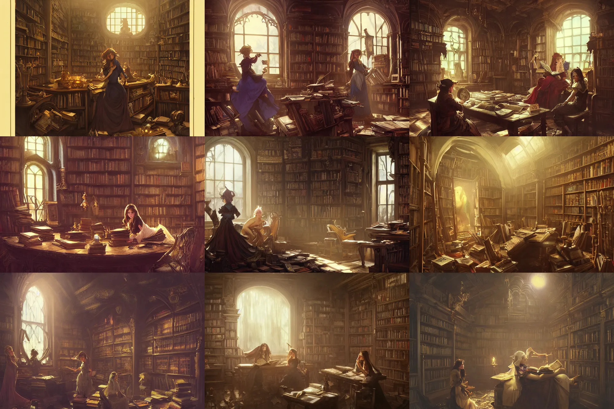 Prompt: a hyperrealistic render of a messy library in the victorian era, magical, spells, cobwebs, pigsty, outdoor, art by Artgerm and Greg Rutkowski and Alphonse Mucha, hearthstone art style, epic fantasty card game art, Beautiful dynamic dramatic moody lighting, shadows, cinematic, Octane, 8K