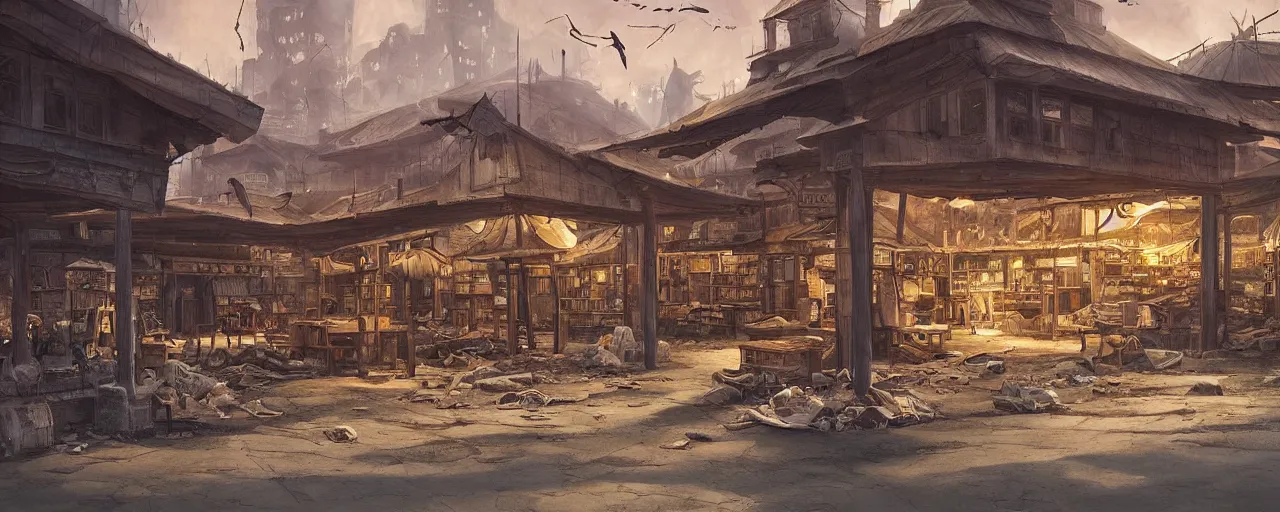 Prompt: “The eerie, forlorn atmosphere of a marketplace that is usually bustling with people but is now destroyed by wildfire in the style of studio ghibli, fantasy book illustration 8k movie poster, cinematic composition, ultra detailed, HDR shot”