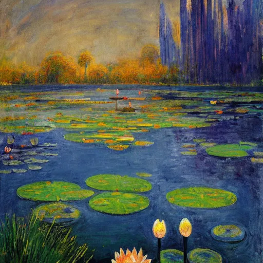 Image similar to A peaceful painting that shows a pond with water lilies floating on the surface. The colors are soft and calming, and the overall effect is one of serenity and relaxation. neon, manichaean artwork, grim dark by Heinrich Lefler, by Chaïm Soutine, by Arkhyp Kuindzhi wondrous, digital art