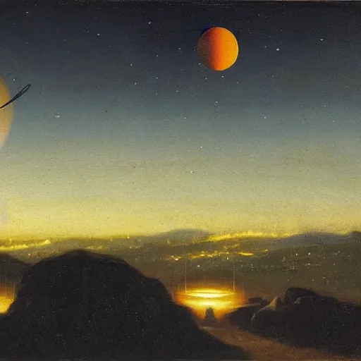 Prompt: evening landscape with two planets in the sky, ( ( ( retrofuturism ) ) ),