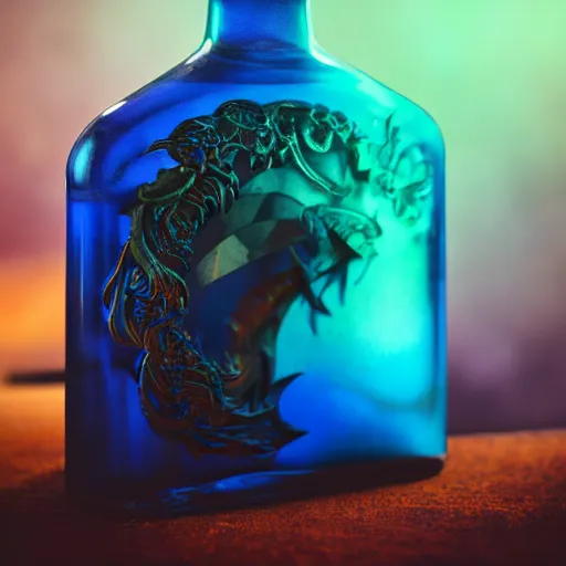 Prompt: a studio photo of a blue mana potion in a beautiful looking flask, dramatic lighting