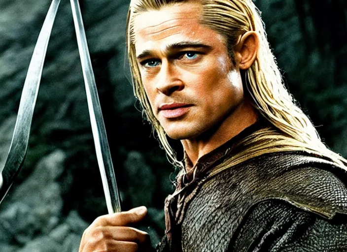 Prompt: promotional image of Brad Pitt as Legolas in Lord of the Rings, realistic, detailed face, movie still frame, promotional image, imax 70 mm footage