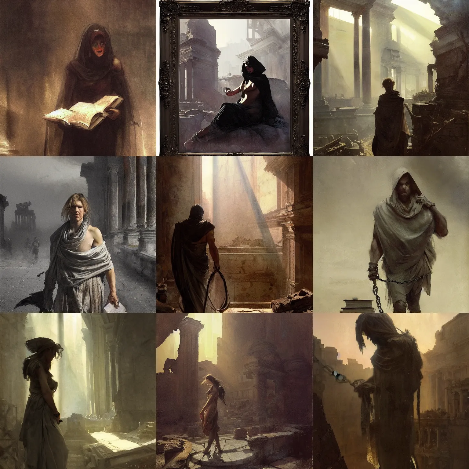 Prompt: portait of magican wearing a closed cerimonial cowl, big old book!! chained to the wrist, by jeremy mann, by greg rutkowski, by tiepolo, alphonse mucha, face in the shadows, ( ( ruins of ancient rome ) ), at dusk, mysterious atmosphere, sunrays, high detailed, 8 k
