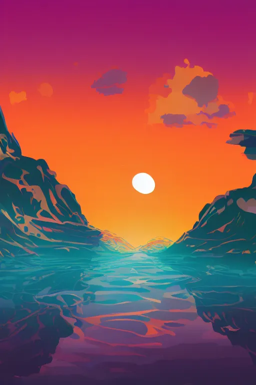 Image similar to sunrise mountain water vector illustration digital art by james gilleard trending on artstation