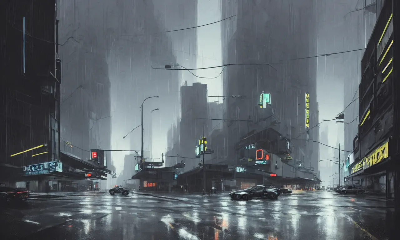 Prompt: high resolution photograph, streetscape, simple brutalist architecture, metal, concrete, wet streets, white neon lights, neon signs, flying cars, pedestrians, greg rutkowski, syd mead, ralph mcquarrie, concept art, matte painting, finely detailed, minimal artifacts, rule of thirds, dynamic lighting, cinematic, denoised, centered, artstation