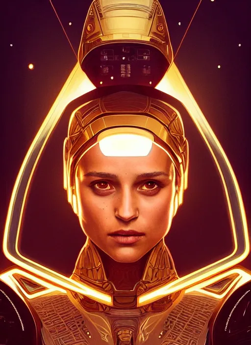 Image similar to symmetry!! portrait of alicia vikander, gold sci - fi armour, tech wear, glowing lights!! sci - fi, intricate, elegant, highly detailed, digital painting, artstation, concept art, smooth, sharp focus, illustration, art by artgerm and greg rutkowski and alphonse mucha