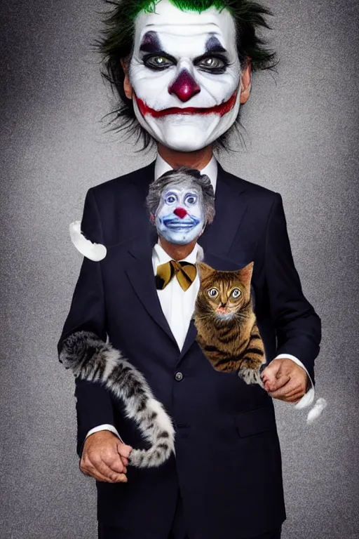 Prompt: Mauricio Macri with an angry cat in his hand in Elaborate Joker Makeup and prosthetics designed by Rick Baker, Hyperreal, Head Shots Photographed in the Style of Annie Leibovitz, Studio Lighting