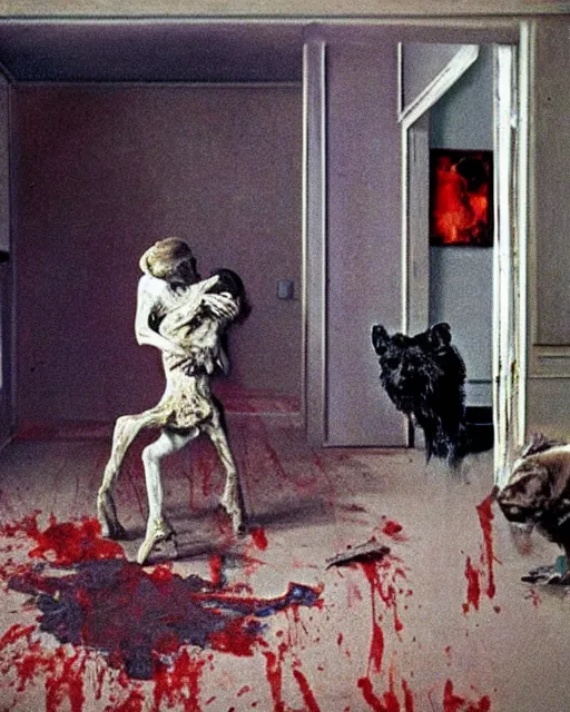 Image similar to realistic detailed overhead image of a dead old couple and stray dog in style of Francis Bacon and Willem de kooning, interior room with a pool of blood and stray dog barking, messy living room. Art by Henry Clarke, Still from 1982 movie The Thing. Beksiński Masterpiece