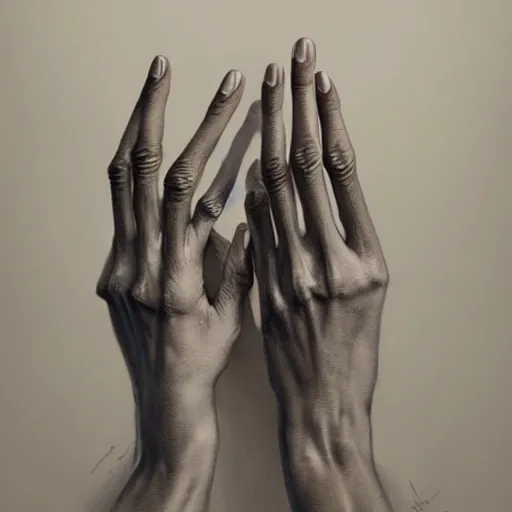 Image similar to Holding hands, vertical symmetry, close up shot, detailed hands, detailed skeleton hands, beautiful moody artwork by Greg Rutkowski and Asher Duran