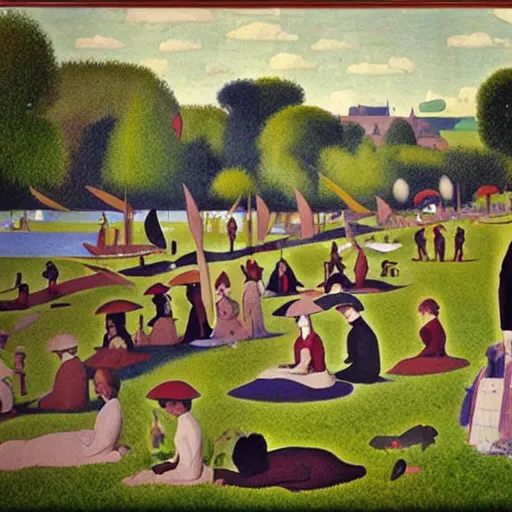 Prompt: a sunday afternoon on the island of la grande jatte, by mike mignola