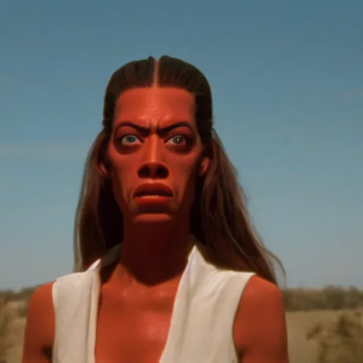 Image similar to film still of jar jar binks as a female cowgirl, long eyeslashes, big juicy lips, big seductive eyes
