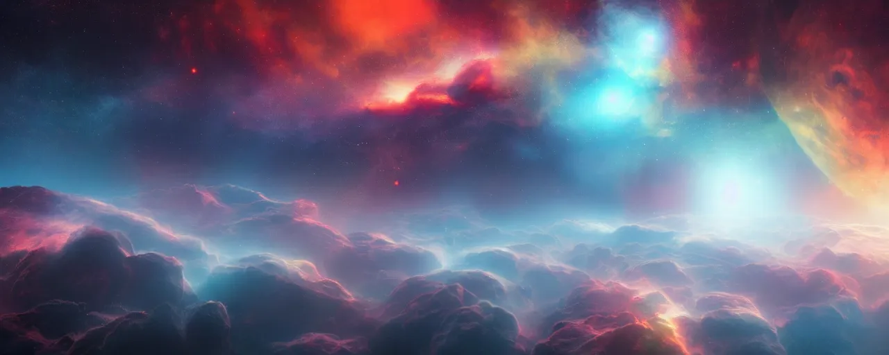 Image similar to warm colours, cinematic render of atmospheric deep space, volumetric lighting, cathrin machin