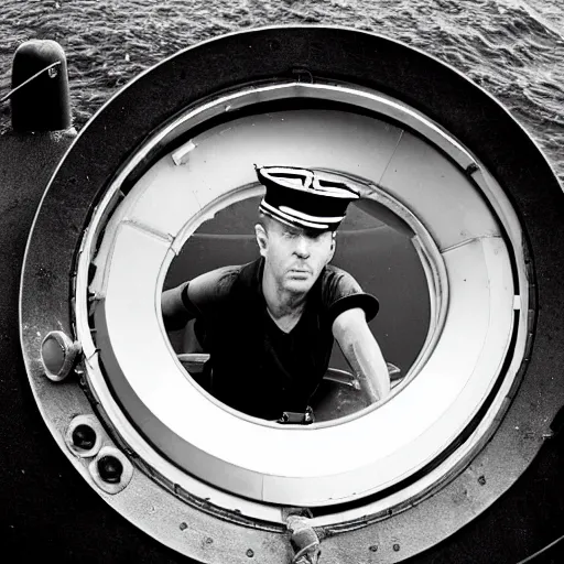 Image similar to A fearful man watching out the porthole of his submarine as something gazes back from the black abyss