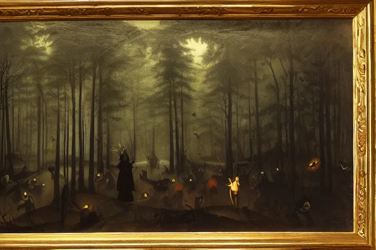 Prompt: dark and spooky painting of a forest dimly lit at night with scary hieronymus bosch creatures hiding in the woods. muted colour palette, detailed oil painting by asher brown durand