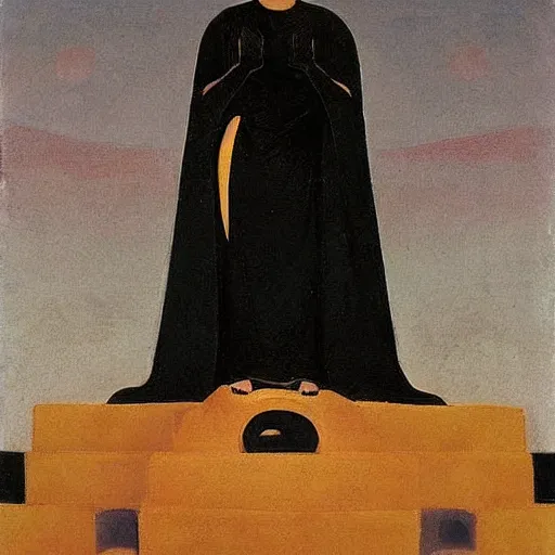 Prompt: an illustration of a queen wearing a beautiful black dress on a simple stone throne by nicholas roerich, by johann heinrich fussli, by frank frazettaby georgia o keeffe, realistic, detailed, oil painting