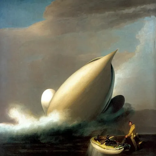 Prompt: oil painting by george stubbs of a crashing space ship