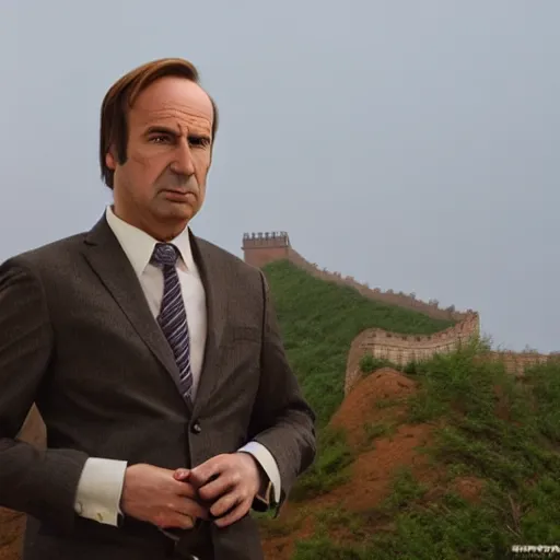 Image similar to saul goodman next to the great wall of china, hyper realistic, smooth lighting, mid shot