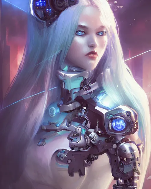 Image similar to holy cyborg necromancer girl, elegant, scifi, futuristic, utopia, garden, illustration, atmosphere, top lighting, blue eyes, white hair, focused, artstation, highly detailed, art by yuhong ding and chengwei pan and serafleur and ina wong