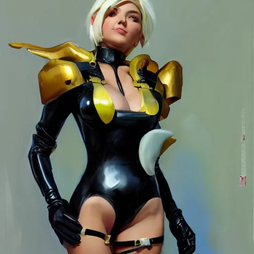 Image similar to greg manchess portrait painting of female wearing a latex suit as mercy from overwatch, medium shot, organic painting, sunny day, matte painting, bold shapes, hard edges, street art, trending on artstation, by huang guangjian and gil elvgren and sachin teng