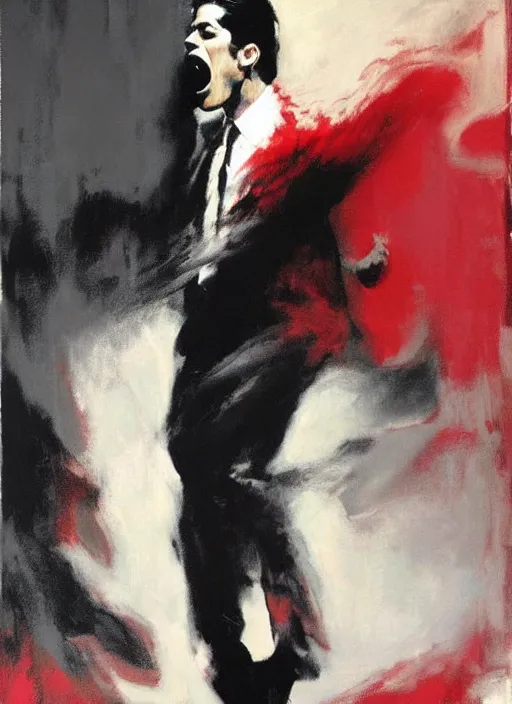 Image similar to dale cooper doppelganger, screaming, WHITE EYES! red curtains, painting by phil hale, 'action lines'!!!, graphic style, visible brushstrokes, motion blur, blurry