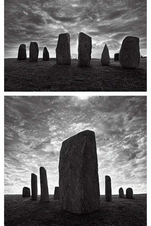 Image similar to circle of standing stones engraved with ancient geometric patterns, dramatic cinematic lighting, rich colors, by William Dyce and ford madox brown and April Gornik and Caspar David Friedrich and Diego Rivera, featured on artstation