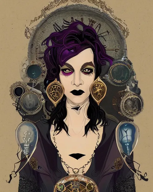 Prompt: a detailed portrait illustration of a steampunk necromancer. attractive transgender intersex face. monocle, large earrings, light facial hair. goth aesthetic. art nouveau, pop art, comic book style. influenced by neil gaiman, frank herbert, dan mumford, brian froud, vadim voitekhovitch, killian eng, ross tran.