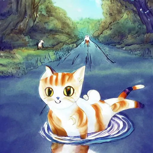 Prompt: art by Kawacy, cute cat sliding down a water slide