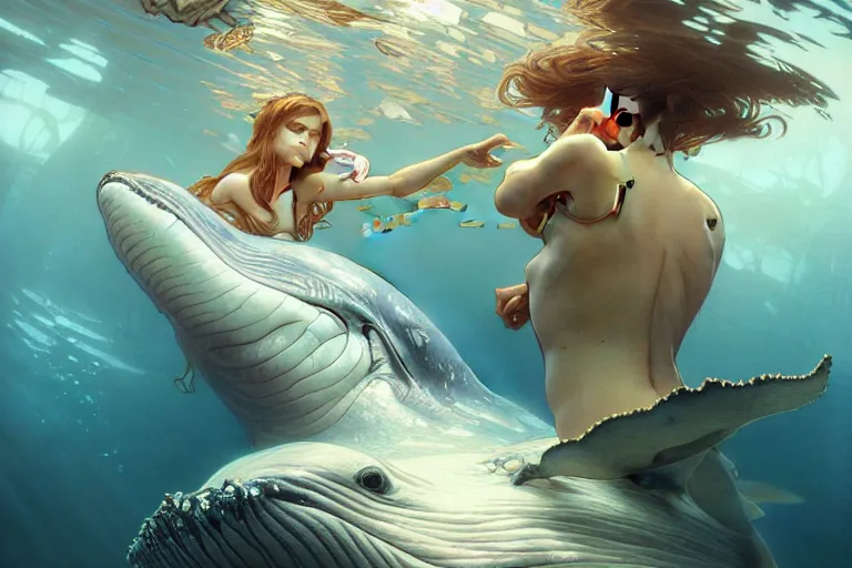 Image similar to painting of under the water, underwater world, hyper detailed cg rendering of a cute girl and whale, elegant, highly detailed, digital painting, artstation, concept art, smooth, sharp focus, illustration, art by artgerm and greg rutkowski and alphonse mucha, 8 k