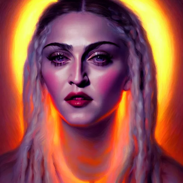 Prompt: portrait of madonna by mandy jurgens, cartoon, oil painting, visionary art, magic symbols, holy halo, neon ambient lighting, high detail, vibrant colors