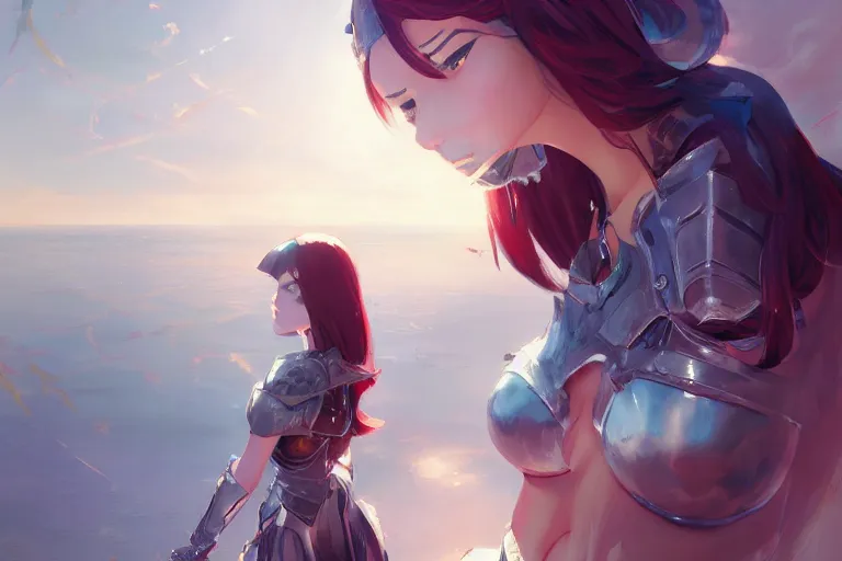 Prompt: fantasy woman in armor looking her reflection in water girl miss attractive eye catching official fanart behance hd artstation, mystic, by Rossdraws and Jesper Ejsing, by Makoto Shinkai and Lois van baarle, ilya kuvshinov, intricate details, cinematic, wide angle