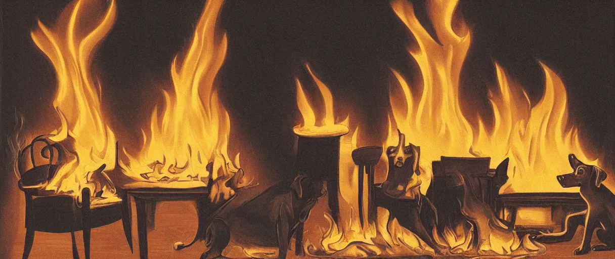 Image similar to a studio photograph (big flash on) of a huge fire on a dining room on fire in the background, in the foreground a relaxed anthropomorphic dog sitting on a wooden chair at a table (no fire at all there), sipping a cup of hot coffee, surrounded by flames, a lot of flames behind the dog, black smoke instead of the ceiling, no watermark