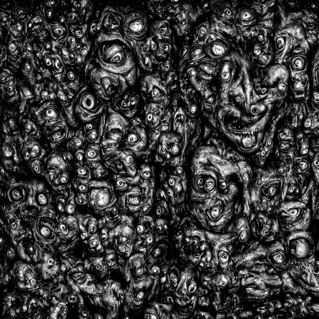 Prompt: a huge monster from dark oily gelatinous substance, with hundreds of faces just below the surface, covered in human eyes, ominous, dark lighting, barely visible from the shadows, ultrarealistic, 4 k photo, leica